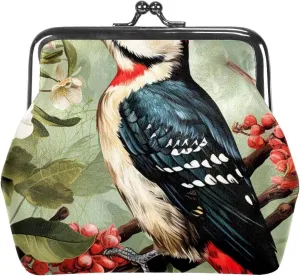Woodpecker Coin Purse Vintage Pouch Buckle Clutch Bag Kiss-Lock Change Purse Clasp Closure Wallets for Women Girl, 4.3x4.7 in/11x12 cm, qb-002-1