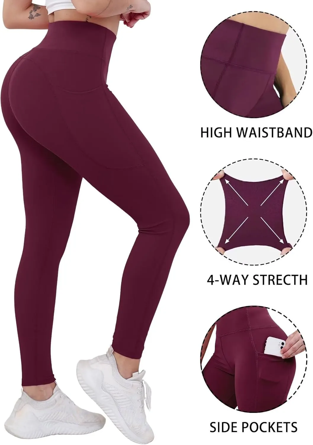 Workout Leggings with Pockets for Women Buttery Soft Elastic Compression Leggings High Waist Running Yoga Pants