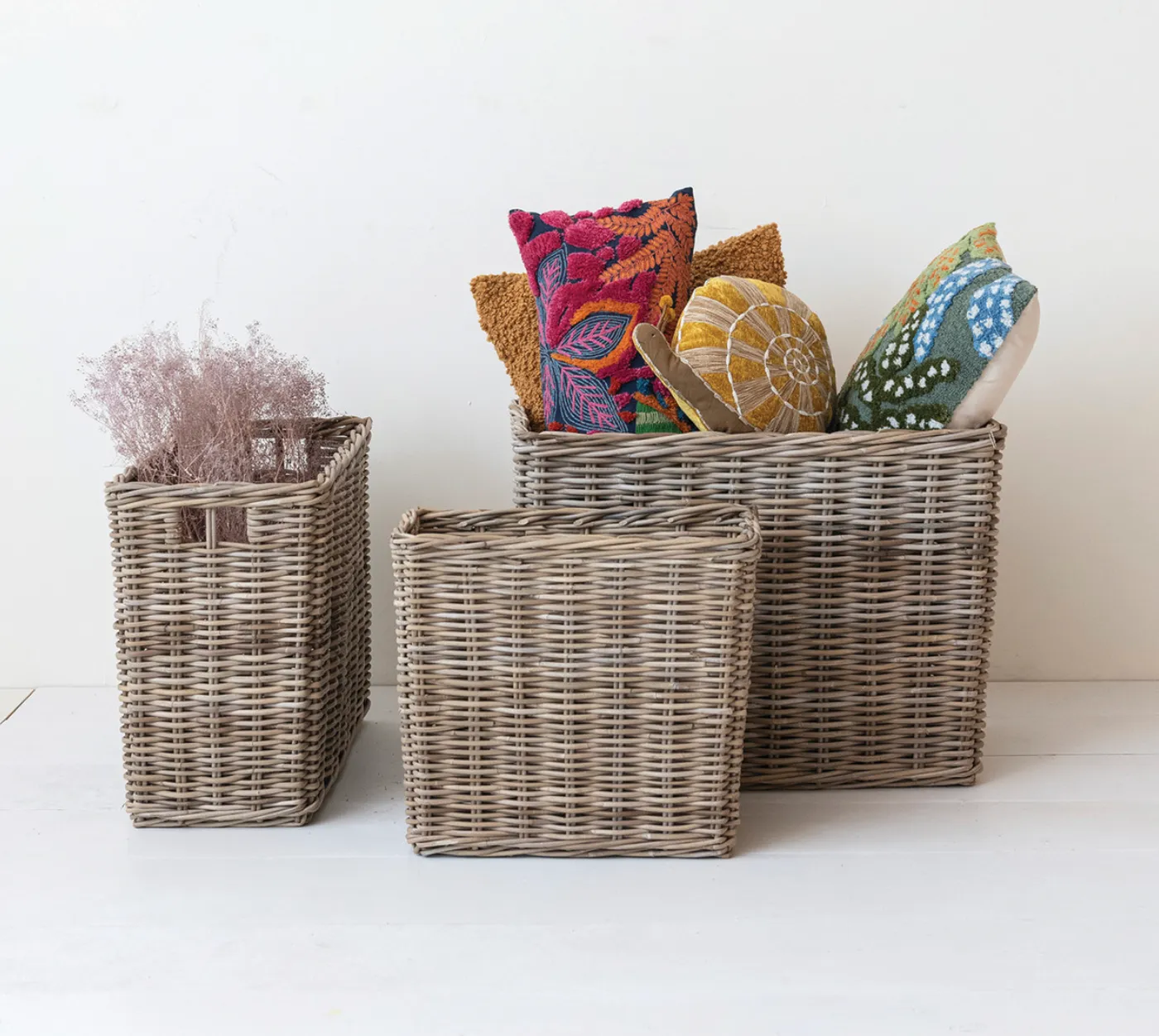WOVEN WICKER RATTAN BASKET w/ HANDLES