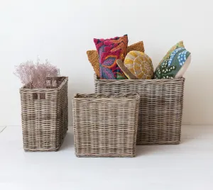 WOVEN WICKER RATTAN BASKET w/ HANDLES