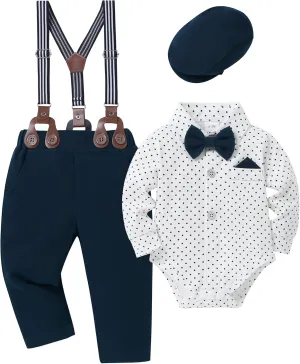 YALLET Baby Boy Clothes Set Infant Tuxedo Long Sleeve Gentleman Suit Outfits   Beret Hat   Suspender Pants   Bowtie 0-18M