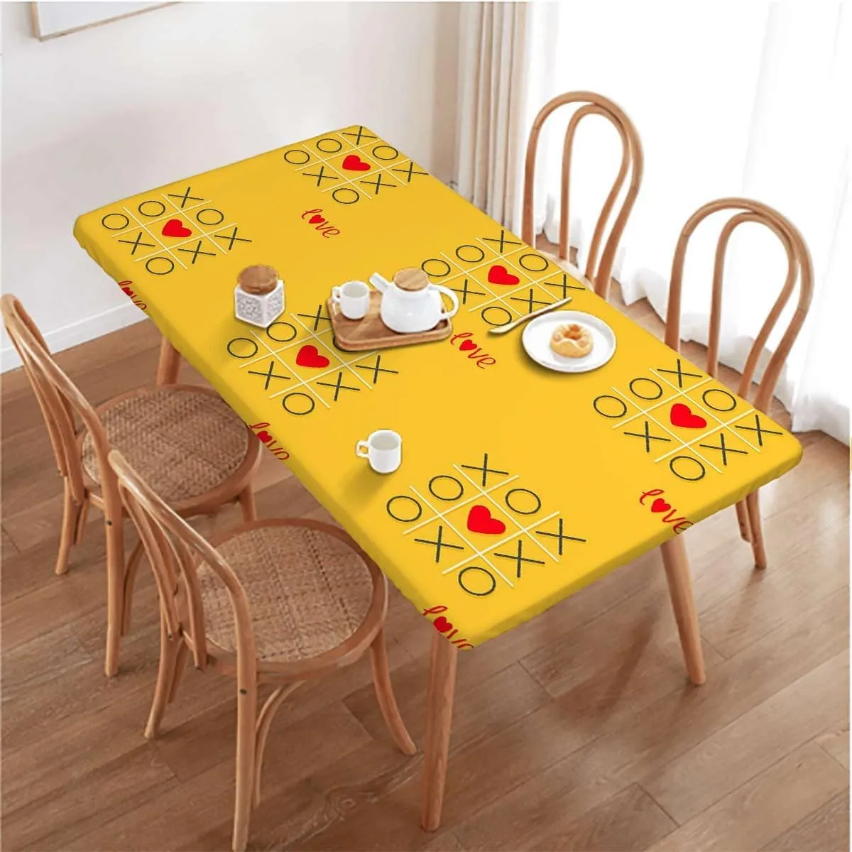 Yellow Red Fitted Tablecloth for Rectangle Table Love Tic Tac Toe Game Polyester Fitted Waterproof Outdoor Tablecloth Cartoon Fits up 4 Foot Tables