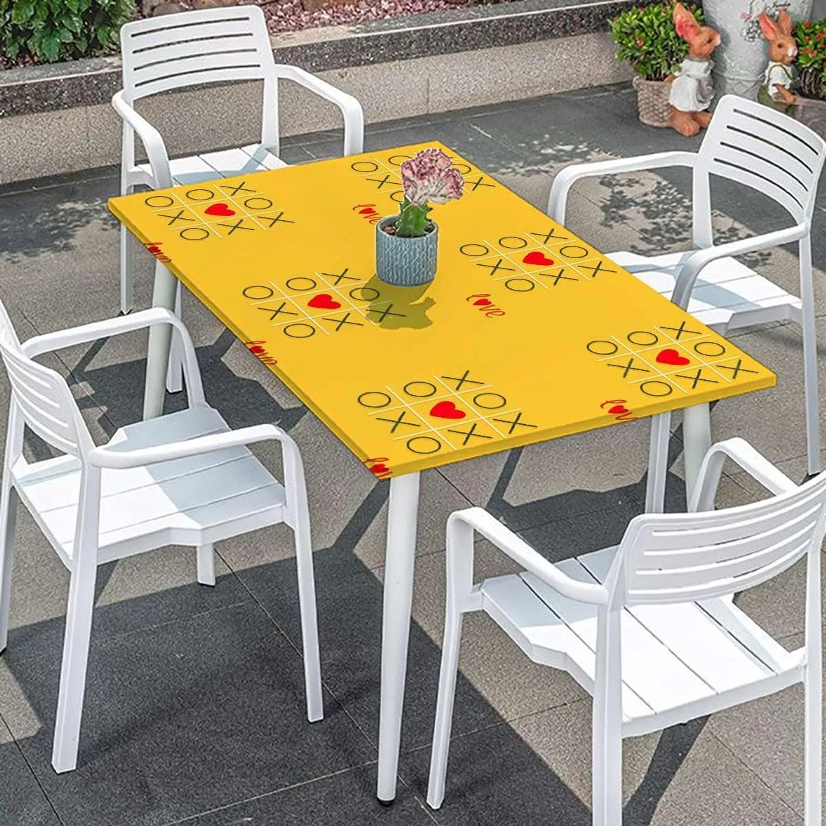 Yellow Red Fitted Tablecloth for Rectangle Table Love Tic Tac Toe Game Polyester Fitted Waterproof Outdoor Tablecloth Cartoon Fits up 4 Foot Tables