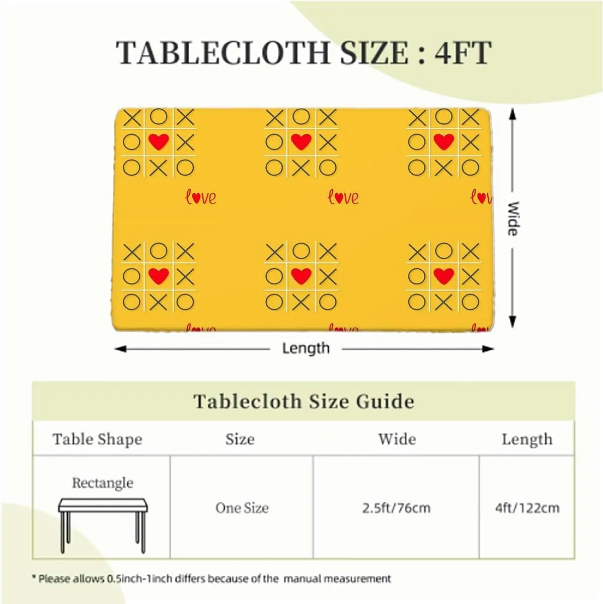 Yellow Red Fitted Tablecloth for Rectangle Table Love Tic Tac Toe Game Polyester Fitted Waterproof Outdoor Tablecloth Cartoon Fits up 4 Foot Tables