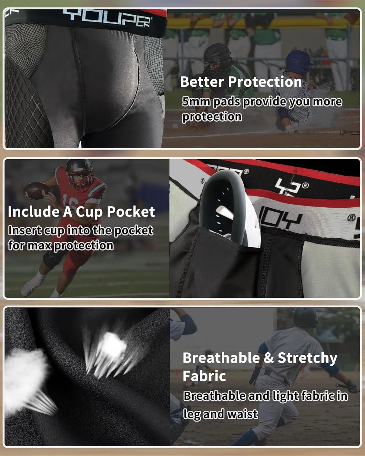 Youper Adult Elite Compression Padded Sliding Shorts w/Cup Pocket for Baseball, Football