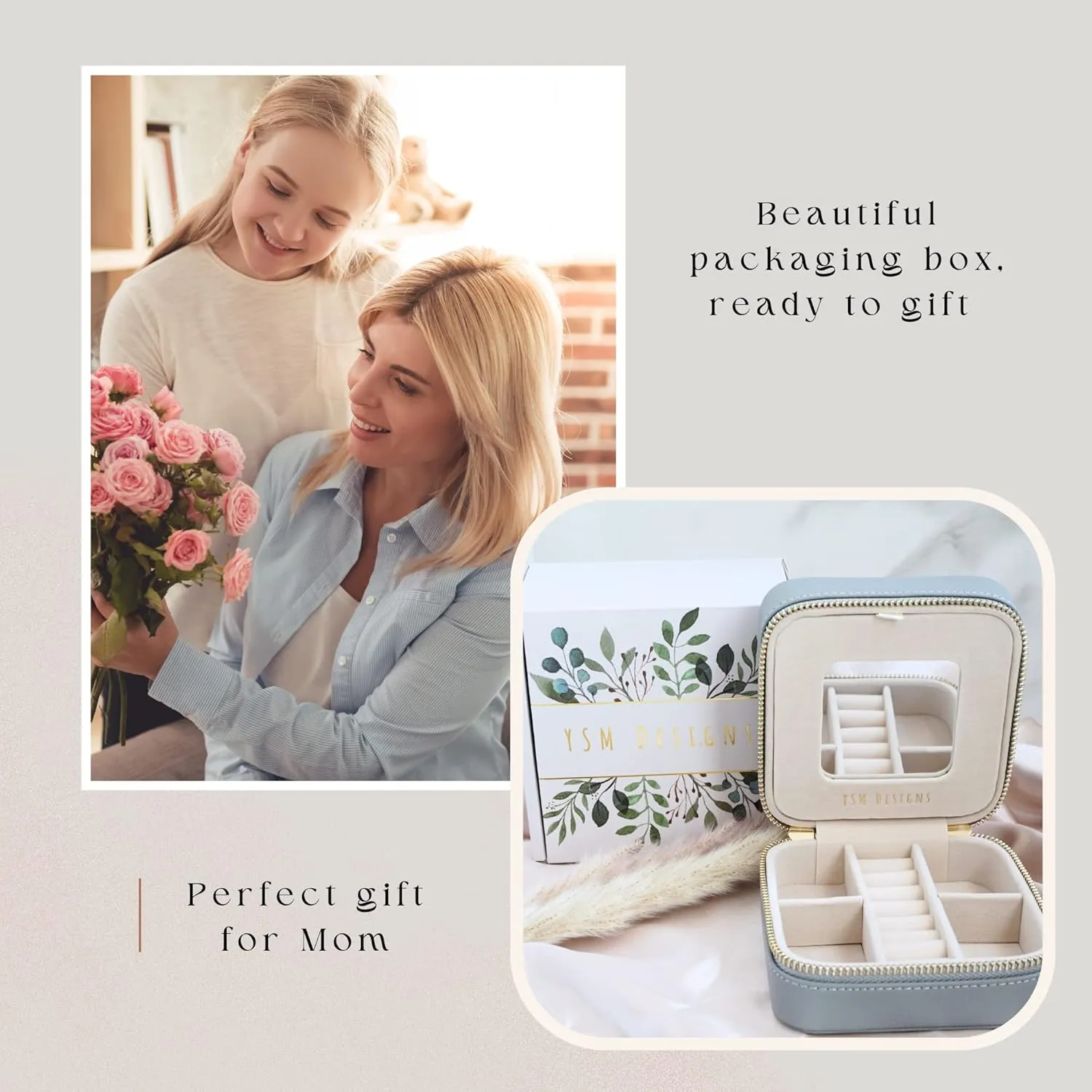 YSM Designs Travel Jewelry Organizer Box, Travel Jewelry Case | Small Jewelry Box for Women, Jewelry Travel Case with Mirror | Mother's Day Gift Idea(Grey)
