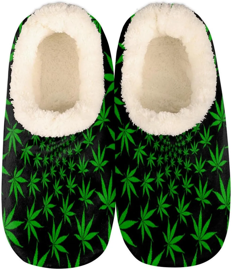 Yzrwebo Green Marijuana Slippers for Women Men Weed Leaf Indoor Non-Slip Slippers Socks Warm Comfy Soft House Slippers Bedroom Fuzzy Plush Lined House Shoes