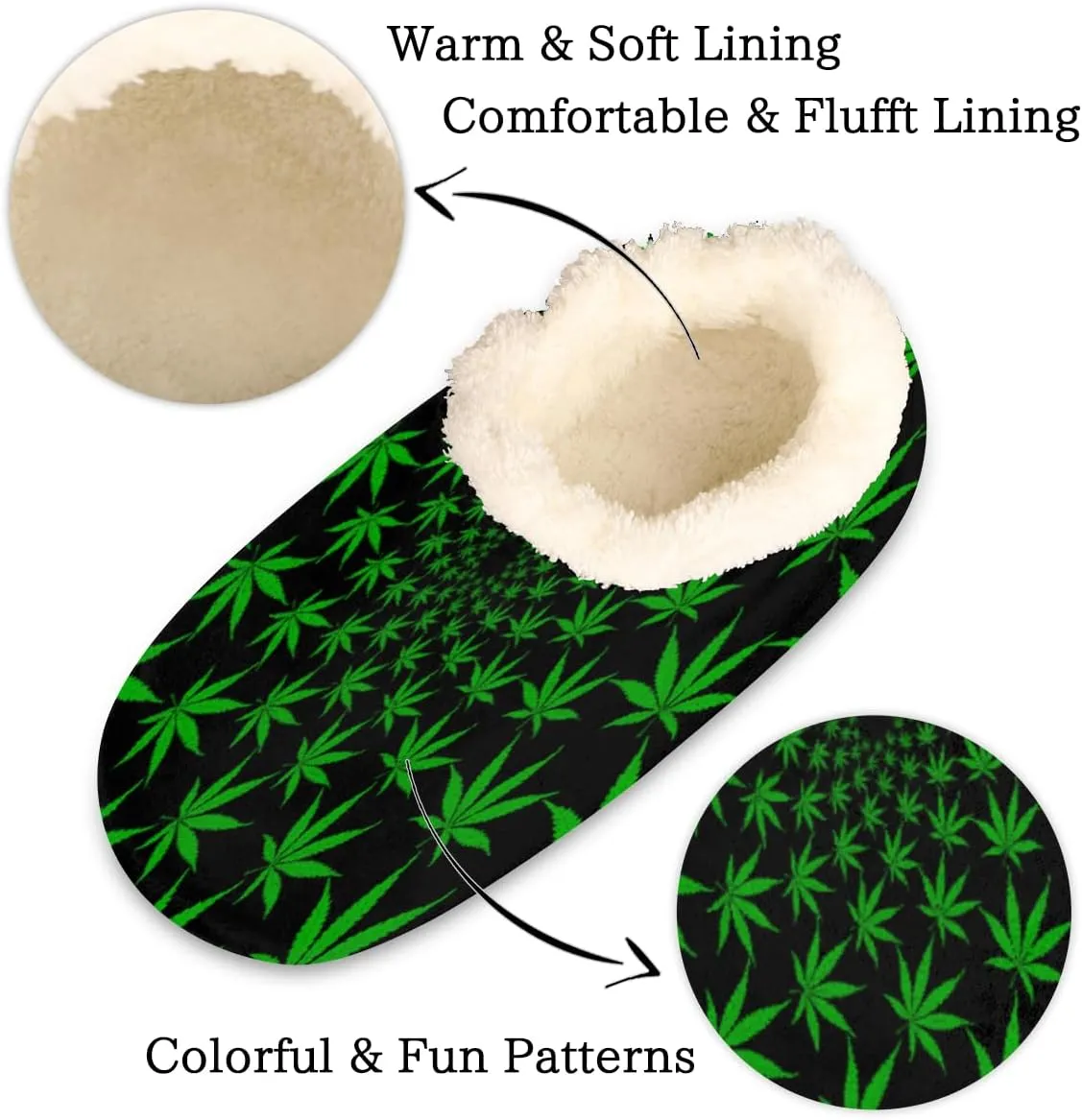 Yzrwebo Green Marijuana Slippers for Women Men Weed Leaf Indoor Non-Slip Slippers Socks Warm Comfy Soft House Slippers Bedroom Fuzzy Plush Lined House Shoes