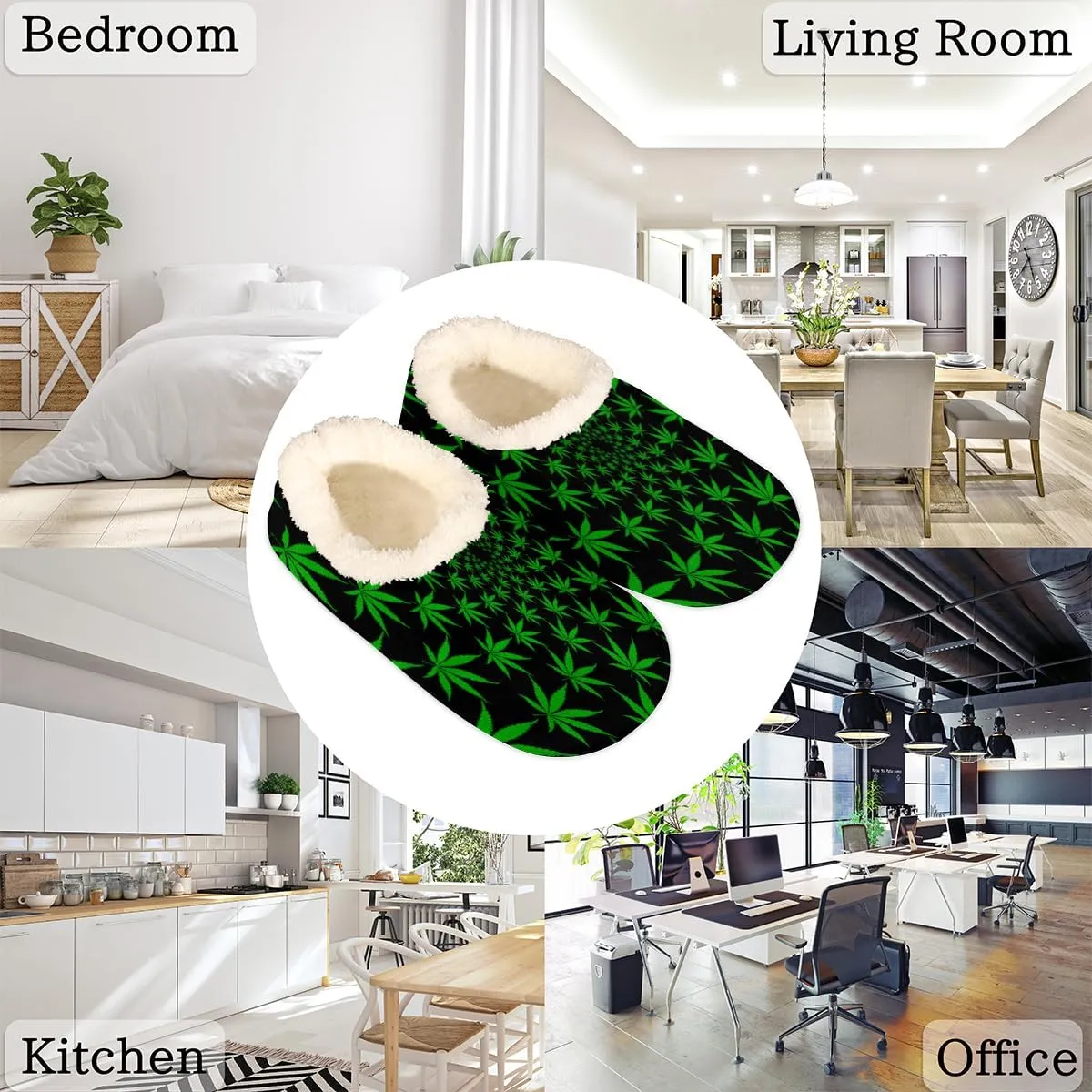Yzrwebo Green Marijuana Slippers for Women Men Weed Leaf Indoor Non-Slip Slippers Socks Warm Comfy Soft House Slippers Bedroom Fuzzy Plush Lined House Shoes