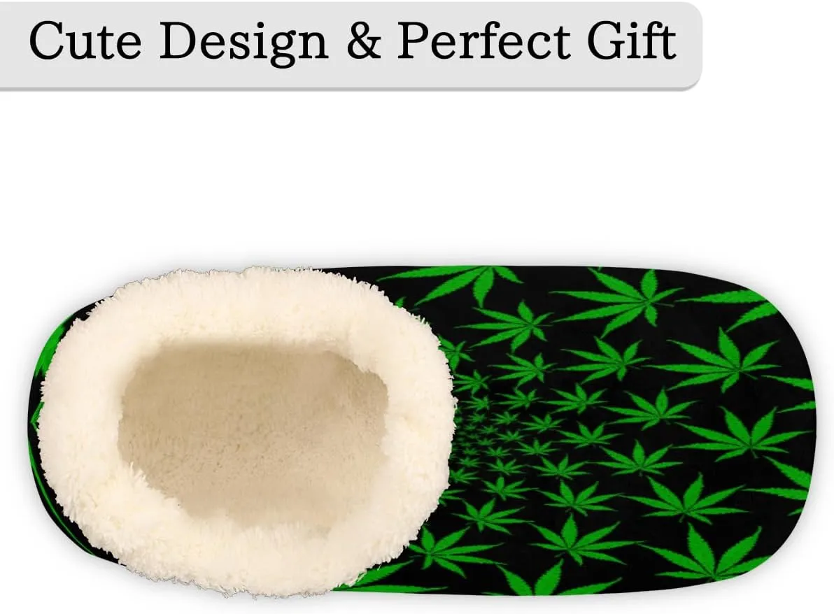 Yzrwebo Green Marijuana Slippers for Women Men Weed Leaf Indoor Non-Slip Slippers Socks Warm Comfy Soft House Slippers Bedroom Fuzzy Plush Lined House Shoes