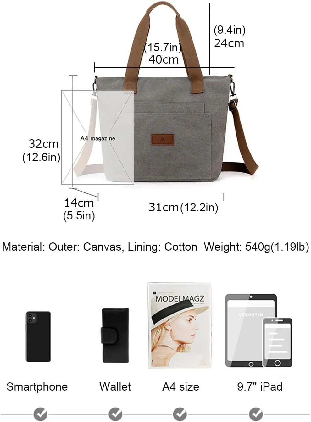 zhongningyifeng Canvas Tote Bag for Women A4 Handbag with Zipper Shoulder Bag for Shopping Travel Work